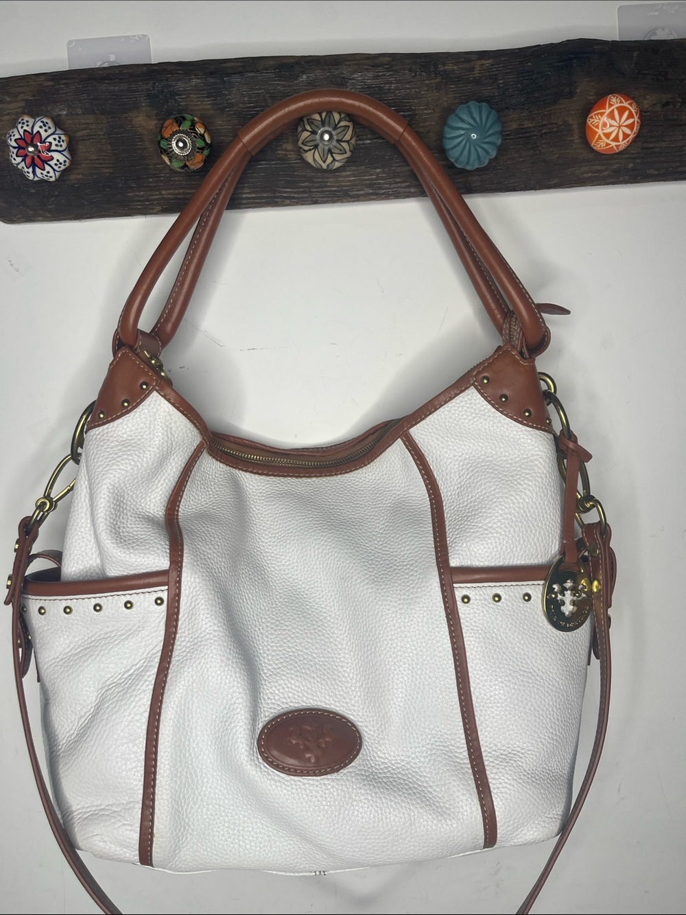 Prix De Dressage white leather with brown trim shoulder bag Equestrian